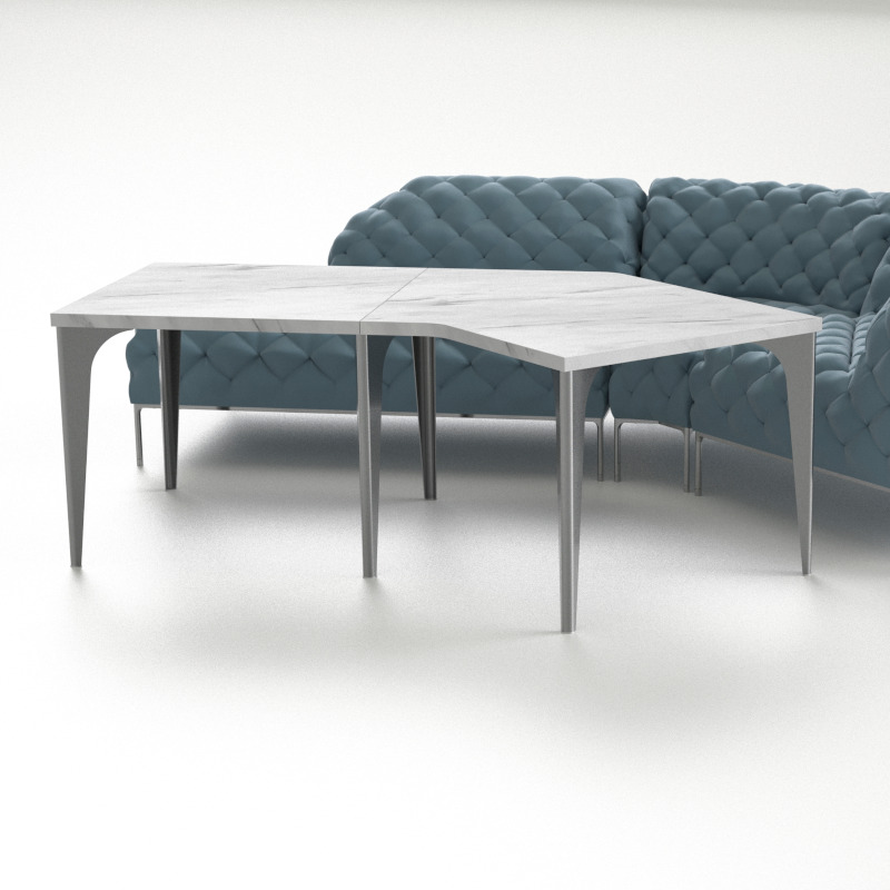 集（つどい）ダイニングテーブル135°ショートR+スクエア拡張天板（ホワイトマーブルトップ+チタン脚）