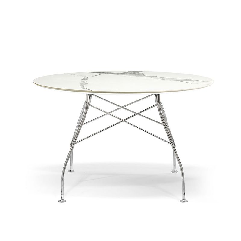 グロッシーラウンド118(トップ マーブルホワイト/フレーム クローム） テーブル