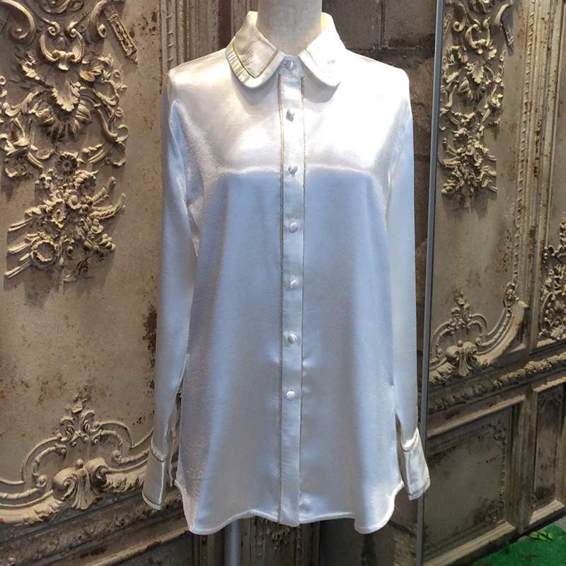 サテン シャツ ブラウス ウィズ ゴールド パジャマ パイピング ドレス