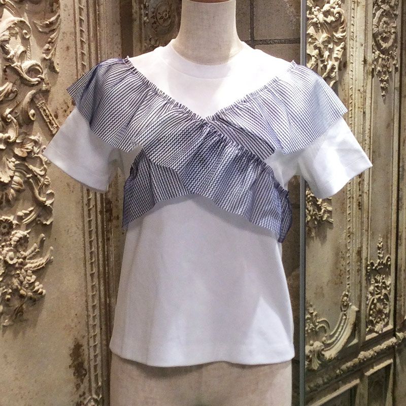 ホワイトTウィズネイビーフリル トップス