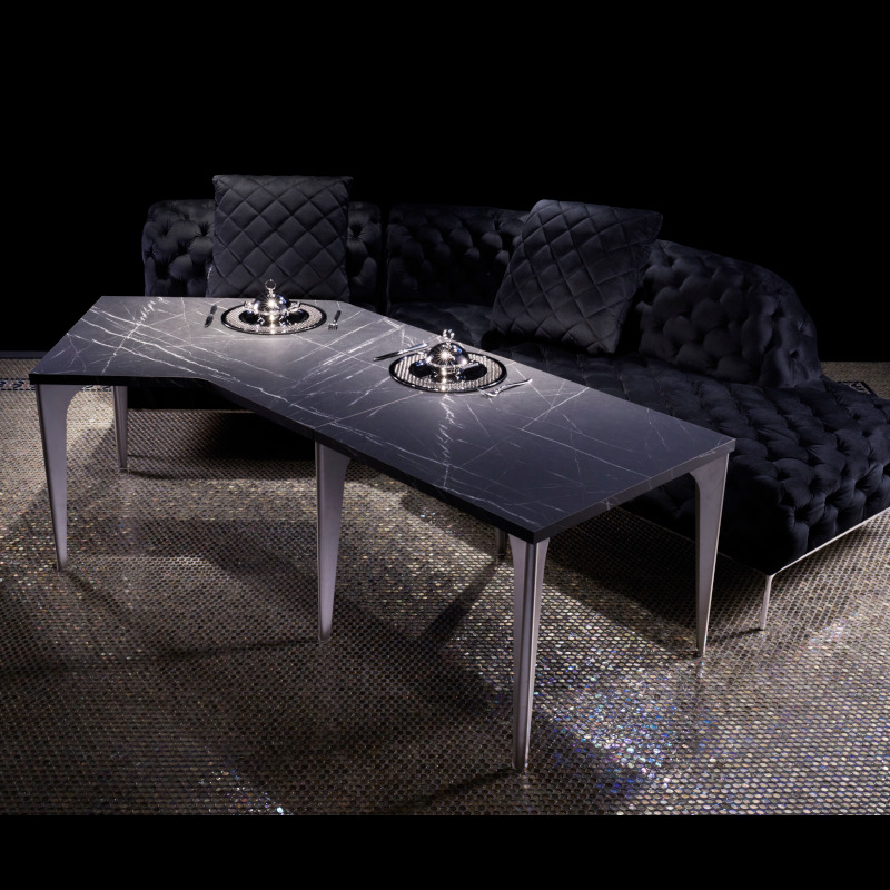 集（つどい）ダイニングテーブルスクエア+135°コーナー拡張天板（ブラックマーブルトップ+チタン脚）