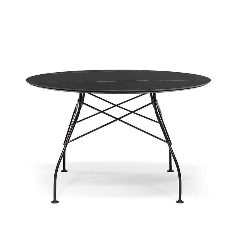 グロッシーラウンド118(トップ マーブルブラック/フレーム ブラック） テーブル