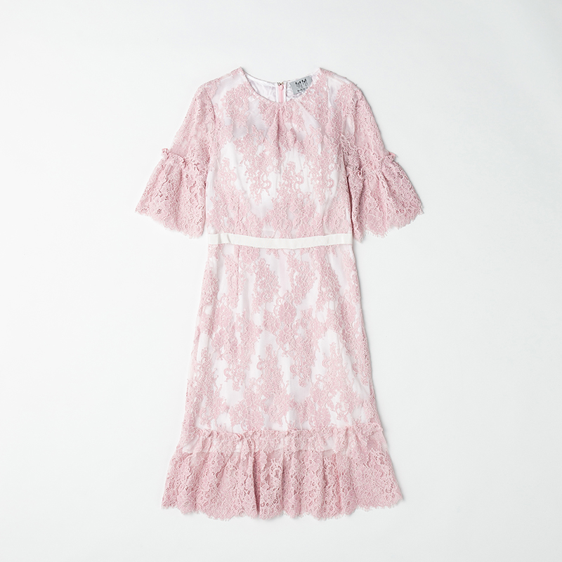 コーラルシャンティイレースギャザードドレス