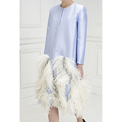 シルクタフタストレートコートウィズクリスタルエンベリッシュドフェザーストリップ ジャケット＆コート