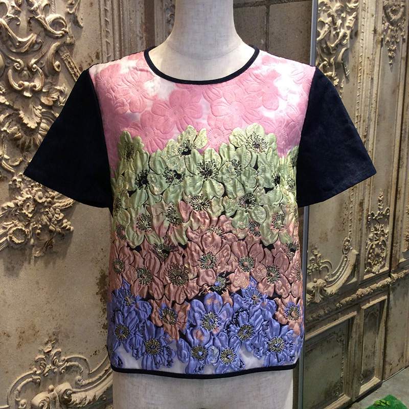 フローラルシルクジャカードアンドデニムカットソートップ トップス