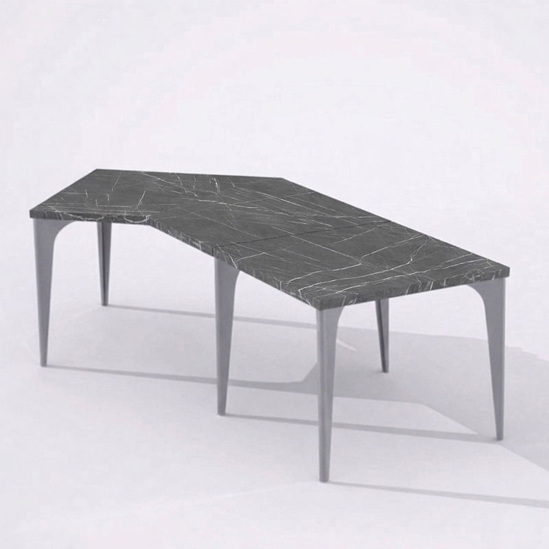 集（つどい）ダイニングテーブルスクエア+135°コーナー拡張天板（ブラックマーブルトップ+チタン脚）