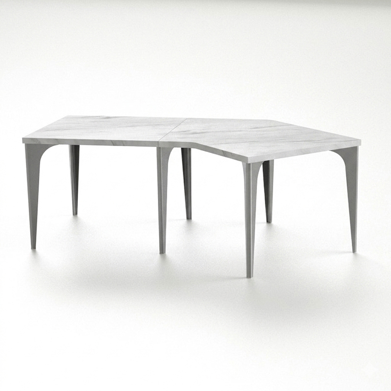 集（つどい）ダイニングテーブル135°ショートR+スクエア拡張天板（ホワイトマーブルトップ+チタン脚）