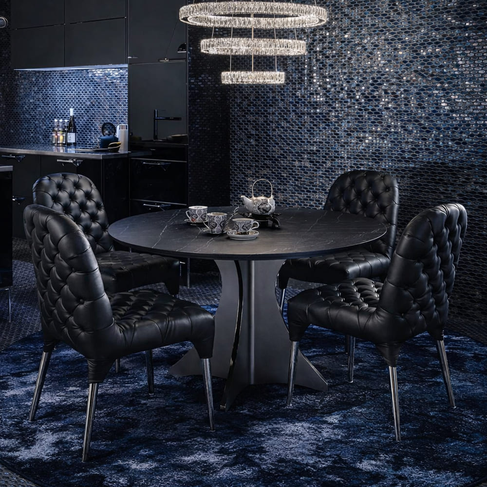 【チェア4脚】オリガミラウンド(ブラックマーブル)+集チェア(LBLK)セット 家具